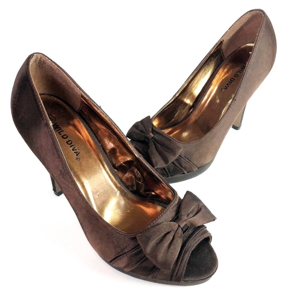 Wild Diva Women's Heels Pumps Brown/Gold Shoes ~ Size 8